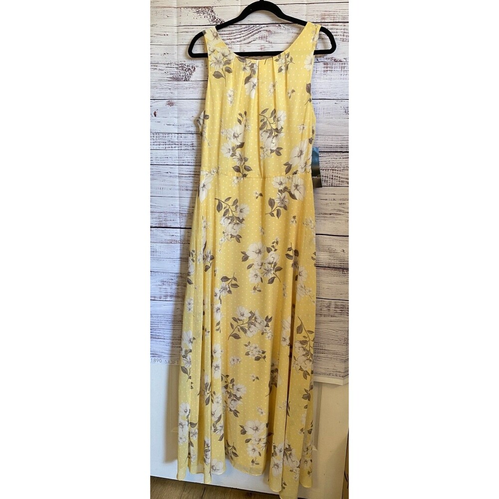 NWT Women’s R&K Maxi Dress Yellow Floral Sleeveless Lined Pleated Bodice Size 14
